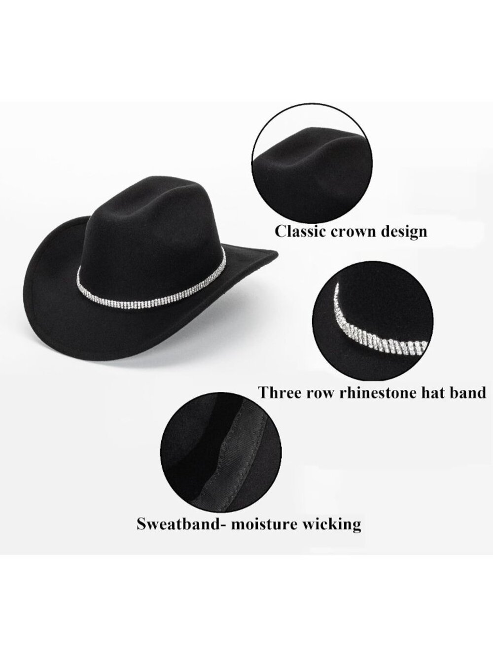 New Glitter Silver Black Cowboy Hats Women Western Rhinestone Cowgirl Hat - Picture 6 of 7
